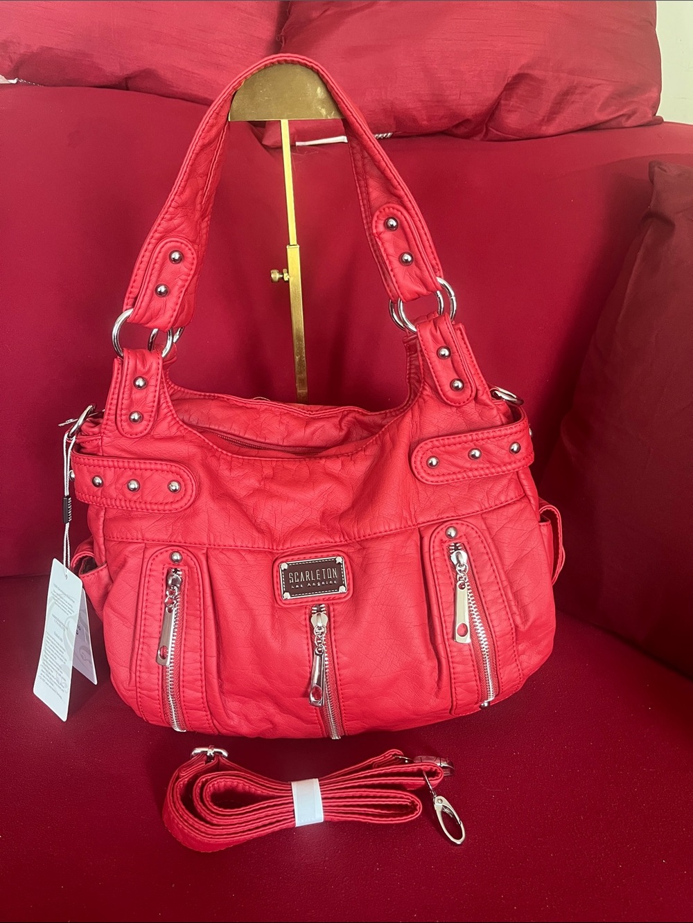 Carleton Red Shoulder Bag with Multiple Zip Pockets New With Tags